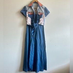 Vintage Blue Denim Maxi Dress with Fruit Patch